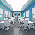 Modern School Classroom With Multiple Computers White Desks Blue Walls And Large Screen 3d model
