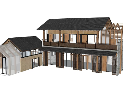 Traditional Rural Self Built Home With Two Story Design Wooden Structure And Large Windows 3d model