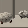 Round Top Black and White Patterned Stools with Brown Legs on Light Surface 3d model