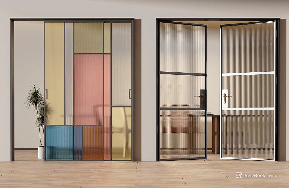 Modern Interior Glass Sliding Doors With Colored Panels And Striped Design For Home Decor 3d model 