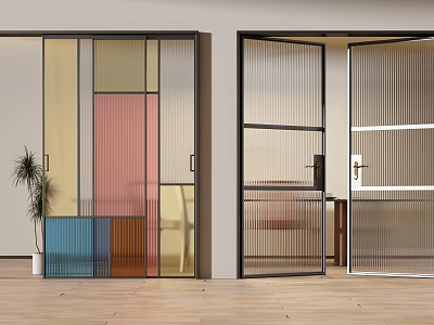 Modern Interior Glass Sliding Doors With Colored Panels And Striped Design For Home Decor 3d model
