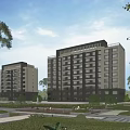 Modern Residential Buildings With Greenery Trees And Plaza Walkway Under Blue Sky And White Clouds
