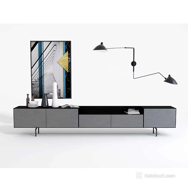 Modern TV Stand with Sleek Gray Black Design Wall Art Floor Lamp and Decor Items 3d model 