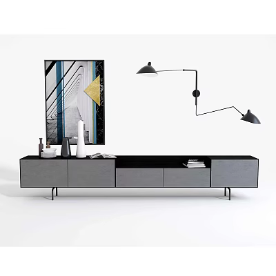 Modern TV Stand with Sleek Gray Black Design Wall Art Floor Lamp and Decor Items 3d model
