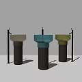 Three Stylish Modern Washbasins In Brown Blue Yellow With Black Pedestals Design