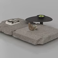 Modern Stacked Stone Coffee Table With Books Decorative Figurines And Fruit Bowl