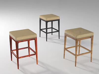 Modern Stools With Various Colored Legs And Beige Checkered Cushions 3d model