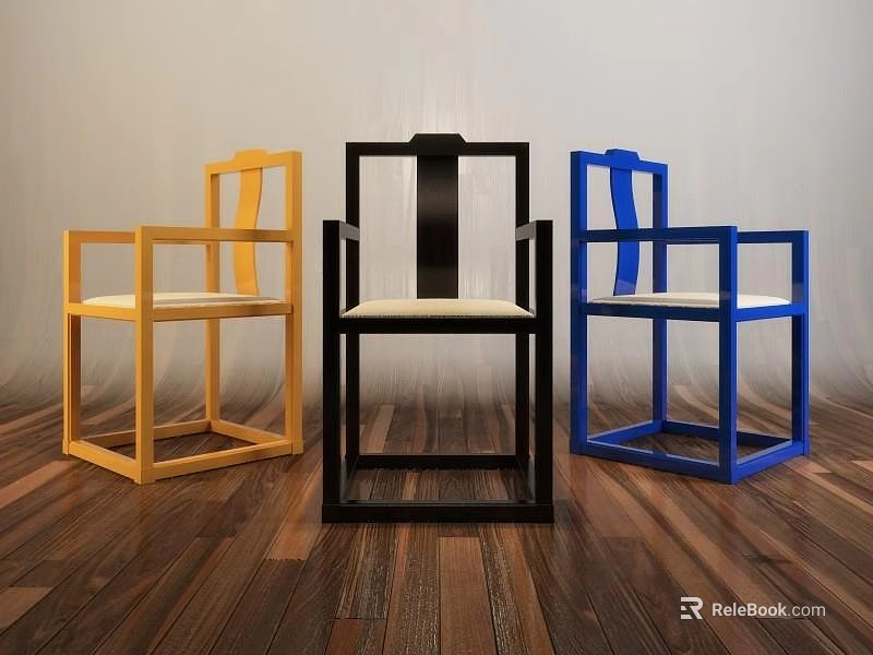 Modern Armchairs With Yellow Black Blue Wooden Frames On Hardwood Floor 3d model 
