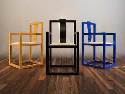 Modern Armchairs With Yellow Black Blue Wooden Frames On Hardwood Floor 3d model