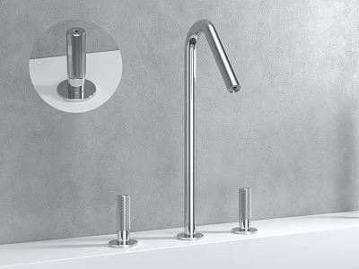 Modern Stainless Steel Faucet on White Countertop with Gray Wall Background and Detailed Control Knobs 3d model