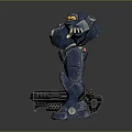 Blue Robot With Yellow Head And Rusted Armor Standing Beside Large Gun