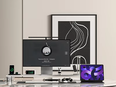Modern Computer Monitor And Tablet Desk Setup With Headphones Clock And Books 3d model