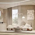 Modern Lounge Area with Curved Sofa Circular Moon Lamp Small Round Tables and Light Walls