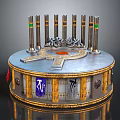 Sci Fi Futuristic Circular Platform With Tall Metallic Pillars And Mystic Symbols