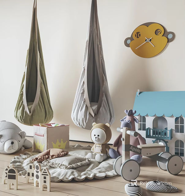 Hanging Chairs In Kids Room With Stuffed Toys Toy House And Monkey Clock 3d model 