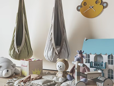 Hanging Chairs In Kids Room With Stuffed Toys Toy House And Monkey Clock 3d model