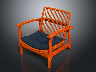Wooden Leisure Chair with Vertical Slat Backrest Curved Armrests and Blue Cushioned Seat 3d model
