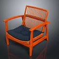 Wooden Leisure Chair with Vertical Slat Backrest Curved Armrests and Blue Cushioned Seat