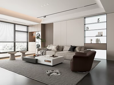 Modern Living Room Interior With Sectional Sofa Coffee Table Brown Armchair And Large Windows 3d model