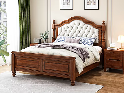 Wooden Double Bed with Diamond Tufted Upholstered Headboard and Nightstands in Cozy Bedroom 3d model