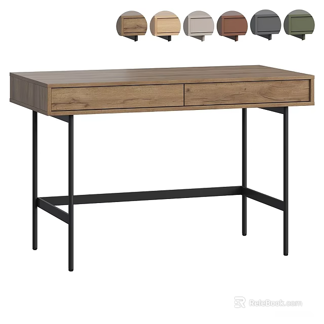 Modern Wooden Desk With Two Drawers And Black Metal Legs For Home Office 3d model 