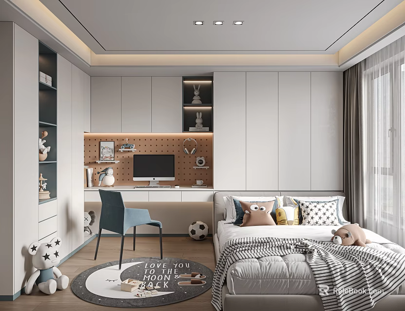 Modern Tatami Bedroom With Storage Bed Desk Wardrobe And Decorative Pillows 3d model 