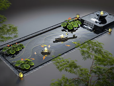 Garden Water Fountain With Lotus Leaves Koi Fish Lanterns And Green Plants 3d model