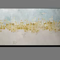 Abstract Oil Painting With Light Blue Cream White Background And Golden Square Patterns