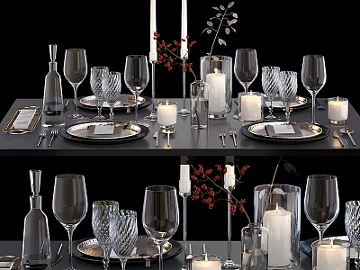 Elegant Dining Table Setting With Wine Glasses Plates Candles And Decorative Branches 3d model
