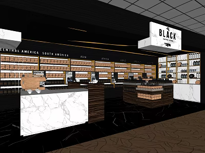 Black Specialty Store Interior With Wooden Shelves Products And Marble Counter 3d model