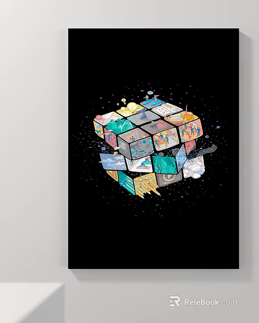 Abstract Painting Featuring Multicolored Cube With Geometric Patterns And 3D Design On Black Background 3d model