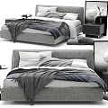 Modern Double Bed Interior With Gray Upholstered Frame Layered Bedding Plush Pillows And Throw Blanket