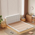 Soft Padded Double Bed With Natural Solid Wood Frame For Bright Warm Cozy Bedroom Interior