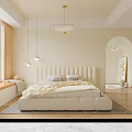 Double Bed With Vertical Tufted Upholstered Headboard Neutral Bedding Warm Beige Wall And Pendant Lights