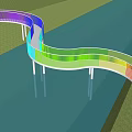 Rainbow Colored Curved Bridge Spanning Over Water With Green Grass Surroundings