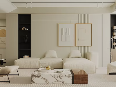 Minimalist Living Room Interior Design With Neutral Tones And Marble Coffee Table 3d model