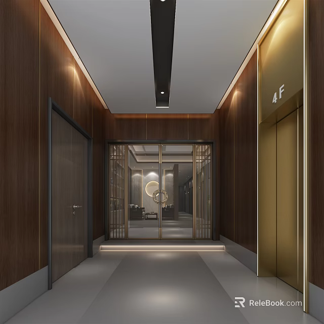 Elegant Elevator Hallway With Wooden Walls Metallic Accents Warm Lighting And Glass Doors 3d model 