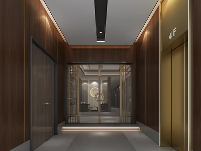 Elegant Elevator Hallway With Wooden Walls Metallic Accents Warm Lighting And Glass Doors 3d model