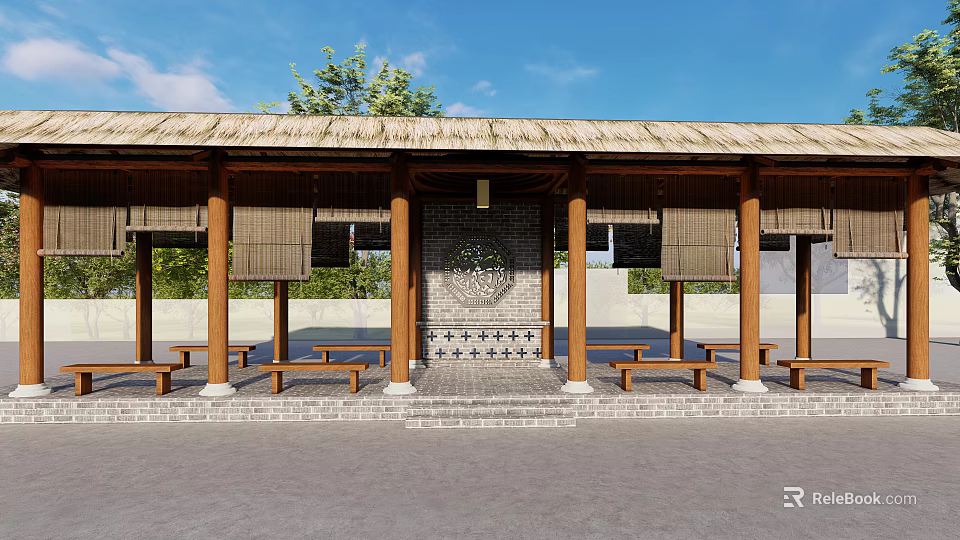Traditional Pergola With Thatched Roof Wooden Pillars Stone Wall Benches And Green Plants 3d model 