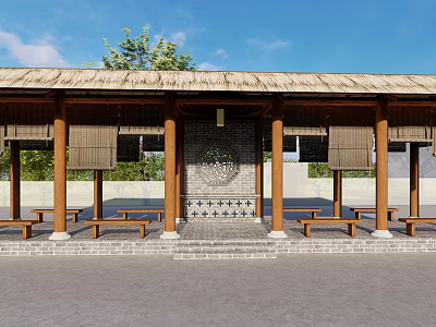 Traditional Pergola With Thatched Roof Wooden Pillars Stone Wall Benches And Green Plants 3d model