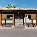 Traditional Pergola With Thatched Roof Wooden Pillars Stone Wall Benches And Green Plants