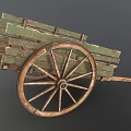 Vintage Old Wooden Cart With Green Planks And Large Worn Wheel