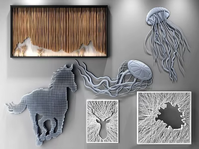 Creative Wall Decor Pieces Including Horse Silhouette Jellyfish Design Deer Head Art And Vertical Stripes 3d model