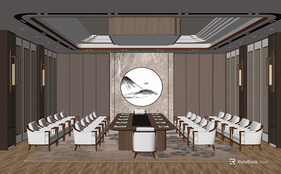 Modern Chinese Meeting Room Interior Design With Long Table White Chairs Circular Landscape Painting 3d model 