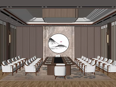Modern Chinese Meeting Room Interior Design With Long Table White Chairs Circular Landscape Painting 3d model