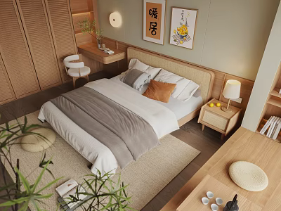 Warm Wooden Bedroom Interior Design With Comfortable Bed Pillows Lamp And Potted Plants 3d model
