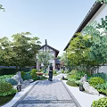 Traditional Chinese Garden Landscape With Stone Path Lotus Pond And Green Plants