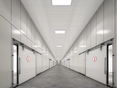 Modern Elevator Hallway With White Walls Numbered Doors Gray Floor And Ceiling Lights 3d model