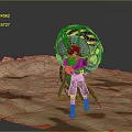 Game Movie Character With Large Blue Yellow Striped Backpack Red Headscarf Standing In Sandy Terrain