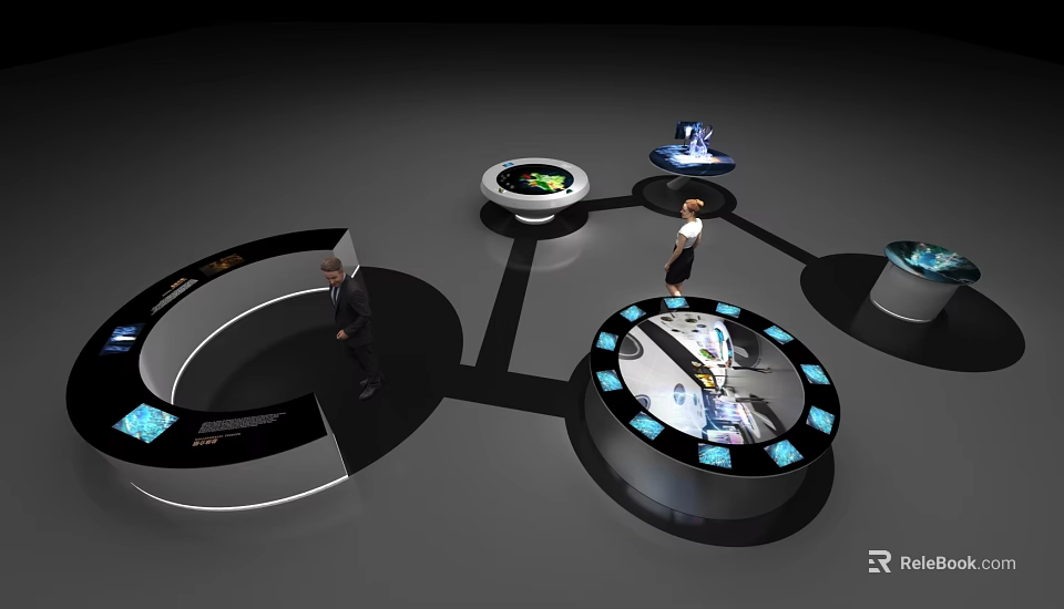 Interactive Tech Exhibition With Circular Display Stands Connected Screens And Visitors 3d model 
